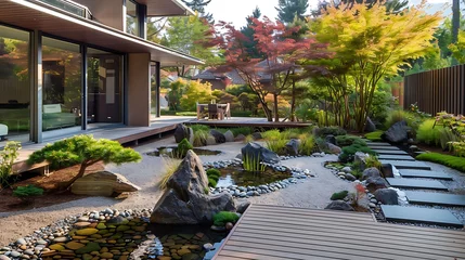 Fotobehang modern front yard with zen garden featuring a brown building, large rock, and green tree © YOGI C