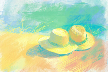 Yellow Hats Resting on the Sandy Beach Under the Clear Blue Sky in a Peaceful Summer Day