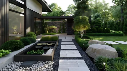 Fotobehang modern front yard with zen - inspired landscape featuring a black building, large window, and lush © YOGI C