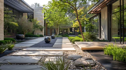 Fotobehang modern front yard with zen - inspired landscape featuring a brick building, tall green tree, and la © YOGI C
