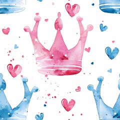 watercolor crowns and hearts pattern, pastel colors, pink, blue, red, white background