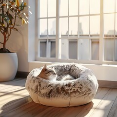 A serene domestic cat sleeps contentedly in a cozy bed by a sunny window with green plants and warm, inviting light.
