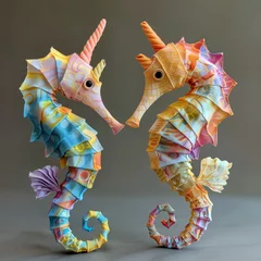 Fotobehang Two colorful origami seahorses facing each other made from patterned paper © InkCrafts