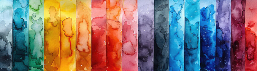  A series of vertical watercolor paintings, each depicting an abstract representation of different emotions like joy and sadness in a color palette of reds, blues, greens, oranges, yellows, and purple