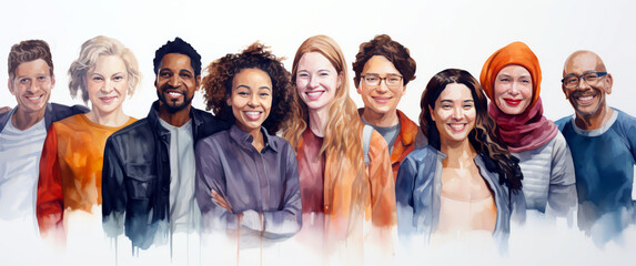 Watercolor painting of a diverse group of smiling people, representing multicultural unity