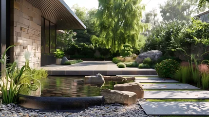 Fotobehang modern front yard with zen - inspired landscape featuring a brick wall, large rock, and lush greene © YOGI C