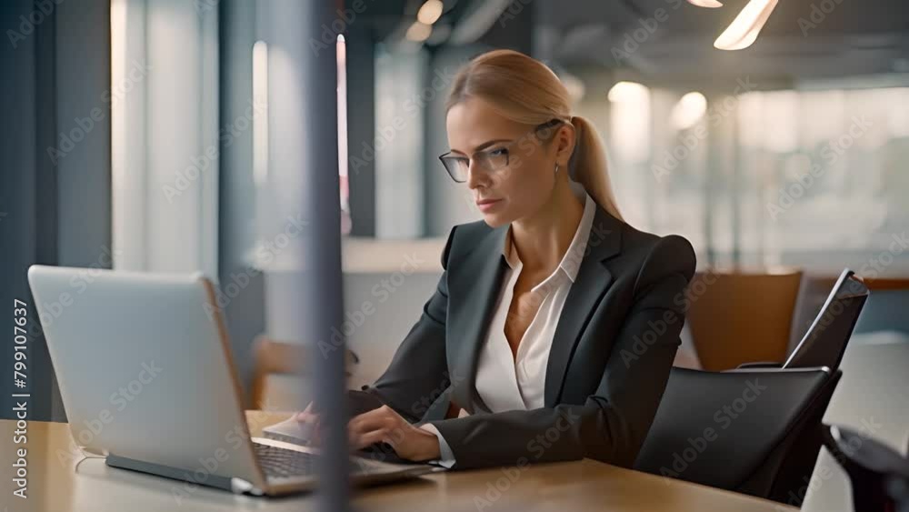 Poster woman sitting at table using laptop computer generative ai