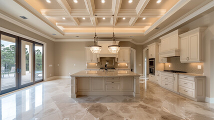 Front and broad view of the expansive tray ceiling in soothing beige, perfectly complementing the contemporary island in the second-floor kitchen.