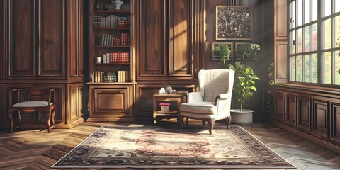 Elegant Antique Furniture in Ornate Traditional Parlor with Fireplace and Bookshelves