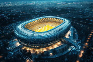 Illuminated Night View of Kiev Football Stadium with Bright Lights and Empty Seating Area