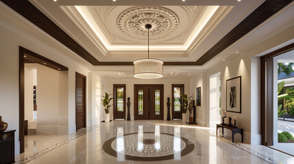 Grand foyer showcases ornate tray ceiling and sleek pendant light.