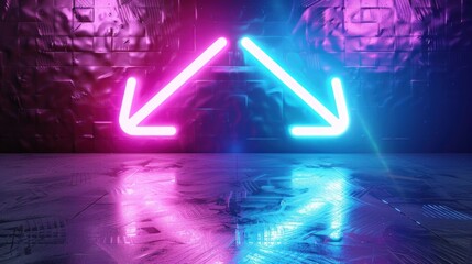 Abstract background of arrows facing each other to leave or enter a room in neon colors