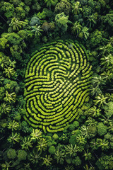 a dense, vibrant green forest. In the center, there should be a large area cleared of trees, precisely in the shape of a human fingerprint pattern to symbolize deforestation.  - obrazy, fototapety, plakaty