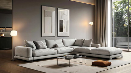 modern living room with gray corner sofas, white pillows, and a glass table on a wood floor the roo
