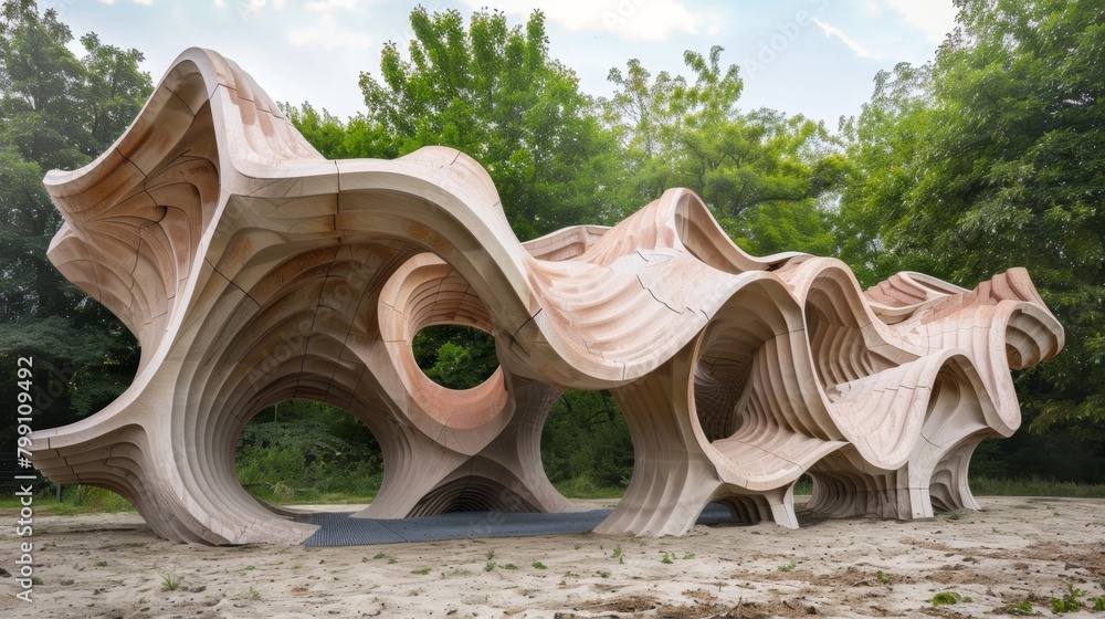 Poster a large clay structure resembling a wave built using a technique that allows for freeform building a