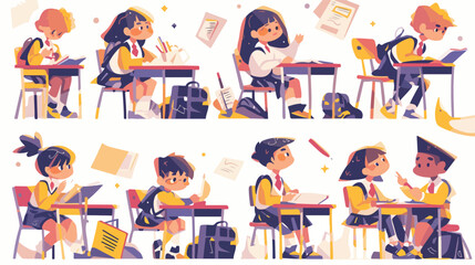 Pupils in uniform sitting at desks in classroom iso - obrazy, fototapety, plakaty