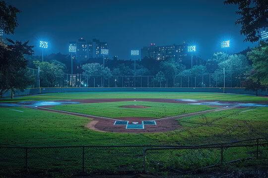 Wide shot of a baseball field at night, the lights are on. In the middle is an empty space that has a painted logo in blue color. Created with Ai