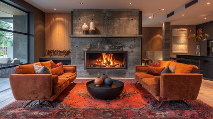 Interior Design: A cozy fireplace area with comfortable seating, a warm rug