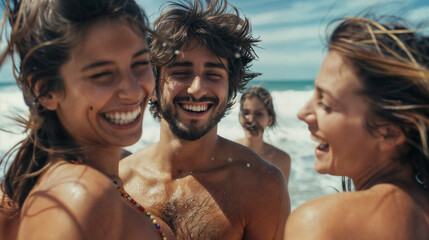 Young happy smiling man in the center. Girls and boys having fun on the sea beach. The pleasure of relaxation and vacation. A group of people on a beach party, with the sky in the background