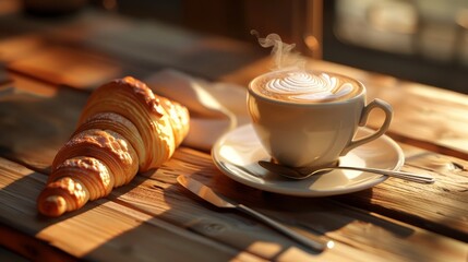 A cozy breakfast scene with a steaming cup of coffee and a fresh croissant on a wooden table, bathed in warm sunlight. Created with Generative AI - obrazy, fototapety, plakaty