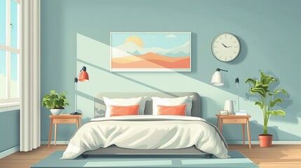 Interior Design: A vector illustration of a minimalist bedroom with a bed, bedside tables, and simple decor