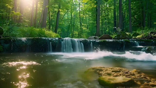 Tranquil forest with flowing stream bird songs offering peaceful escape from stress. Concept Forest Retreat, Relaxing Nature Sounds, Birdwatching Haven, Calming Waters, Stress Relief