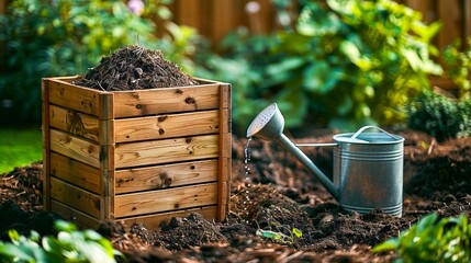 Compost Bin in a Vibrant Garden. Generative ai