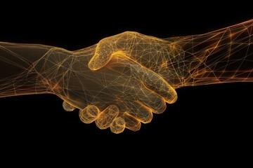 Business partners shaking hands in agreement and partnership on black background, 3D illustration concept