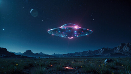 a UFO unidentified extraterrestrial object is flying over a land of an unknown planet