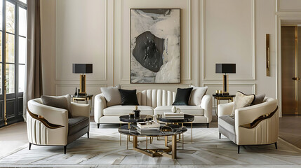 monochromatic living room with sleek leather sofas, white chairs, and black pillows arranged around