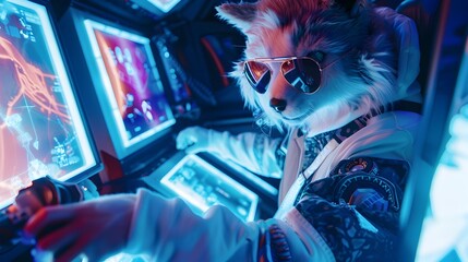 Anthro Sloth in Trendy Attire Engages in Futuristic Video Game Adventure Generative ai - obrazy, fototapety, plakaty