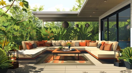 Outdoor Living: A Vector illustration depicting a chic outdoor lounge with a sectional sofa