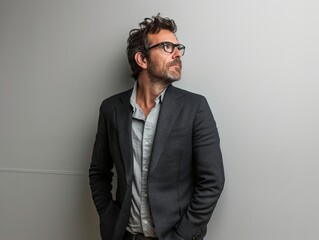 Fototapeta premium Man in a Suit Leaning Against a Wall