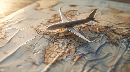 Airplane model on map , air transportation or air journey concept image with copy space. Travel on vacation