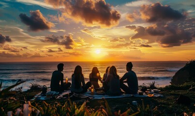 At sunset, friends gather by the seaside for a picnic, surrounded by beautiful clouds bathed in scattered yellow light