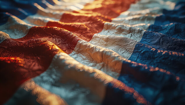 The French flag is waving in the wind, with its tattered edges and torn stars appearing amidst the sunlight streaming through dark clouds. Created with Ai