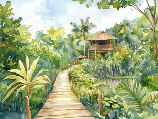 A tropical village with charming houses and thatched roofs