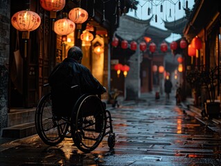 Obraz premium A man in a wheelchair travels through an Asian city, evening time, red lanterns