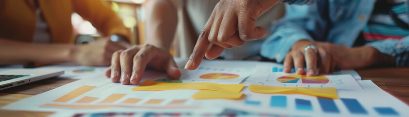 Fototapeta premium Focused shot of hands pointing at a financial chart during an audit meeting, suggesting collaborative problem solving,