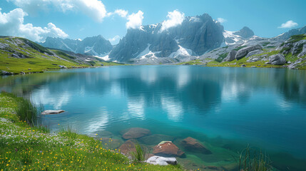 Beautiful lake in the mountains, clear water and rocks, nature scenery, panoramic view. Created with Ai