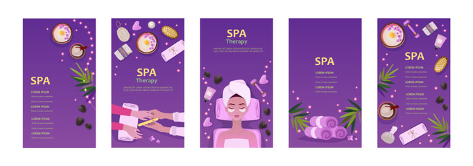 Set of banners for spa salon. Beauty and care.Vertical templates for posters, flyers, brochures, stories. Vector illustration.