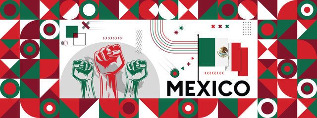 Flag and map of Mexico with raised fists. National day or Independence day design for Counrty celebration. Modern retro design with abstract icons. Vector illustration.