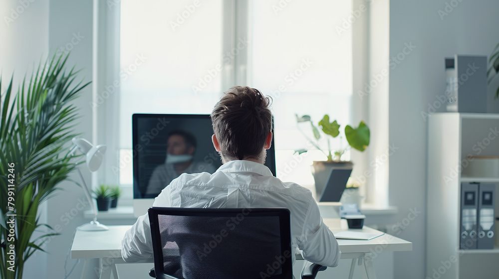 Poster office office worker working seat in front of a computer screen with various media of technology.