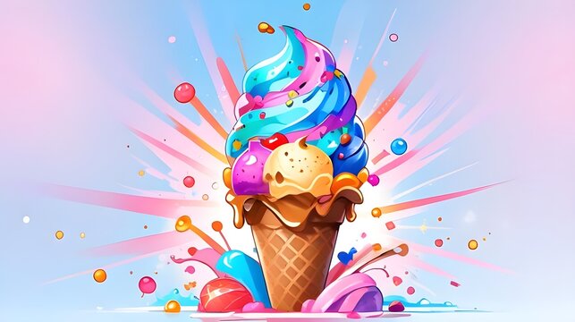 Ice cream fantasy. Digital ice cream cone with colorful candy splashes in the background. An image of ice cream surrounded by sweets and treats. Beautiful ice cream ad, worth reading. Generative AI