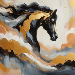 The abstract oil painting is a large stroke oil painting, mural, home decoration. It has gold, black horse, wall art, modern artwork, spots, paint strokes, knife painting.