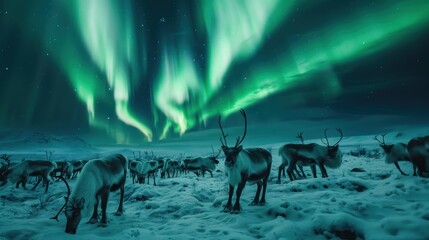 An icy tundra with a herd of reindeer under the northern lights