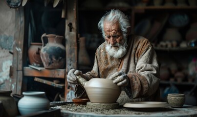 An elderly gray-bearded man crafts a clay object on a pottery wheel in his workshop