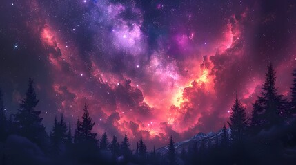 the celestial ballet unfolding above, as gradient cosmic violet and pink hues adorn the starry sky, casting a mesmerizing glow over the silhouette of forest trees below - obrazy, fototapety, plakaty