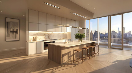 open - plan kitchen with quartz countertops, stainless steel oven, and wood floor, featuring a clea