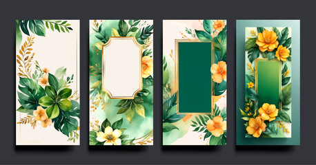 Luxury wedding invitation card background with golden line art flower and botanical leaves, Organic shapes, Watercolor. Abstract art background vector design for wedding and VIP cover template.